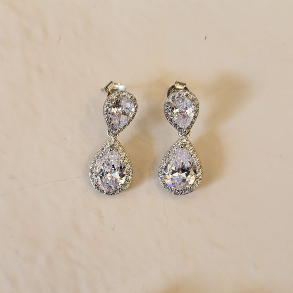 Silver Double Teardrop Zircon Earrings