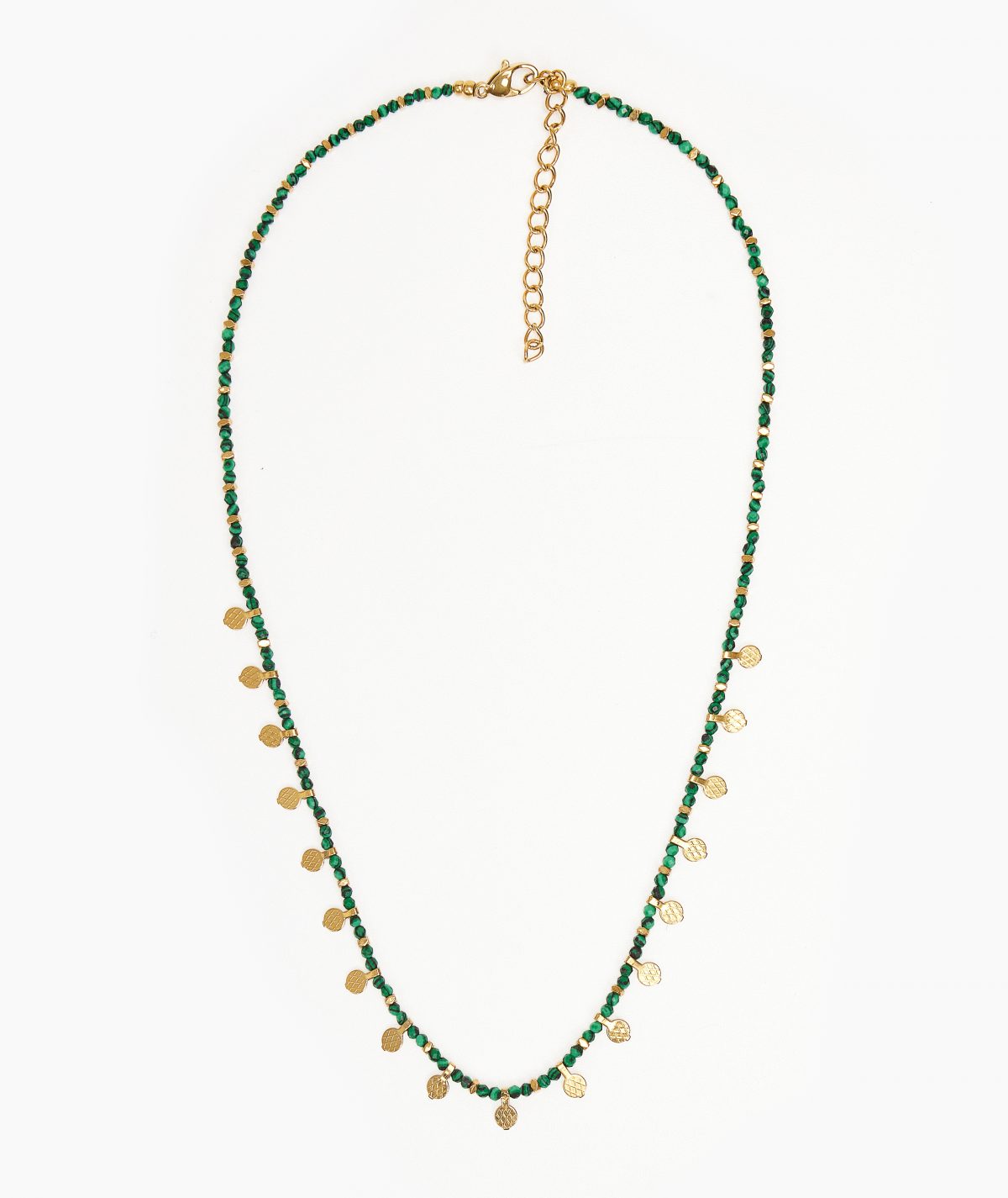 Green Necklace with Gold Coins by TFD